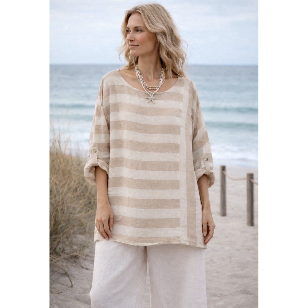 # Soft Surroundings Beige Striped Linen Tunic Top